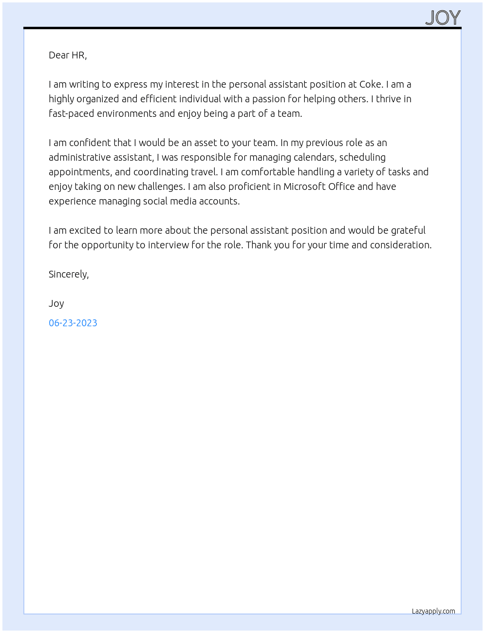 personal assistant At coke Cover Letter