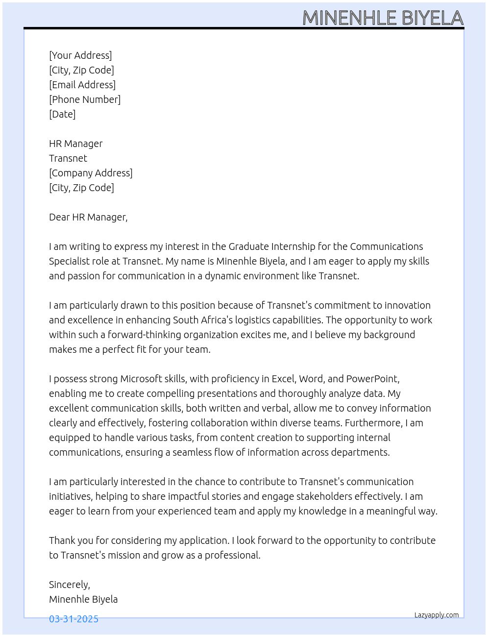Graduate Internship At Transnet Cover Letter