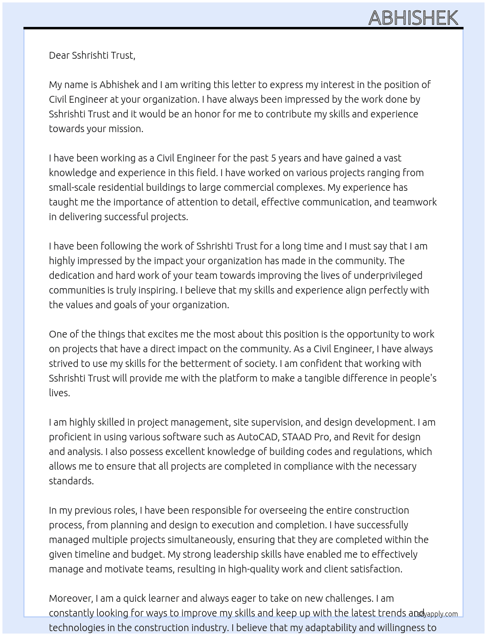 Civil Engineer At sshrishti Trust Cover Letter