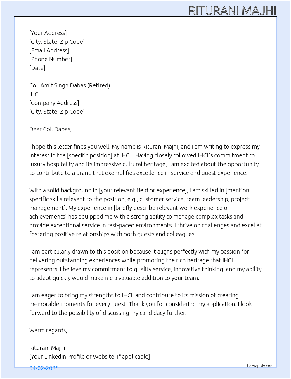 Cover letter for ihcl - LazyApply