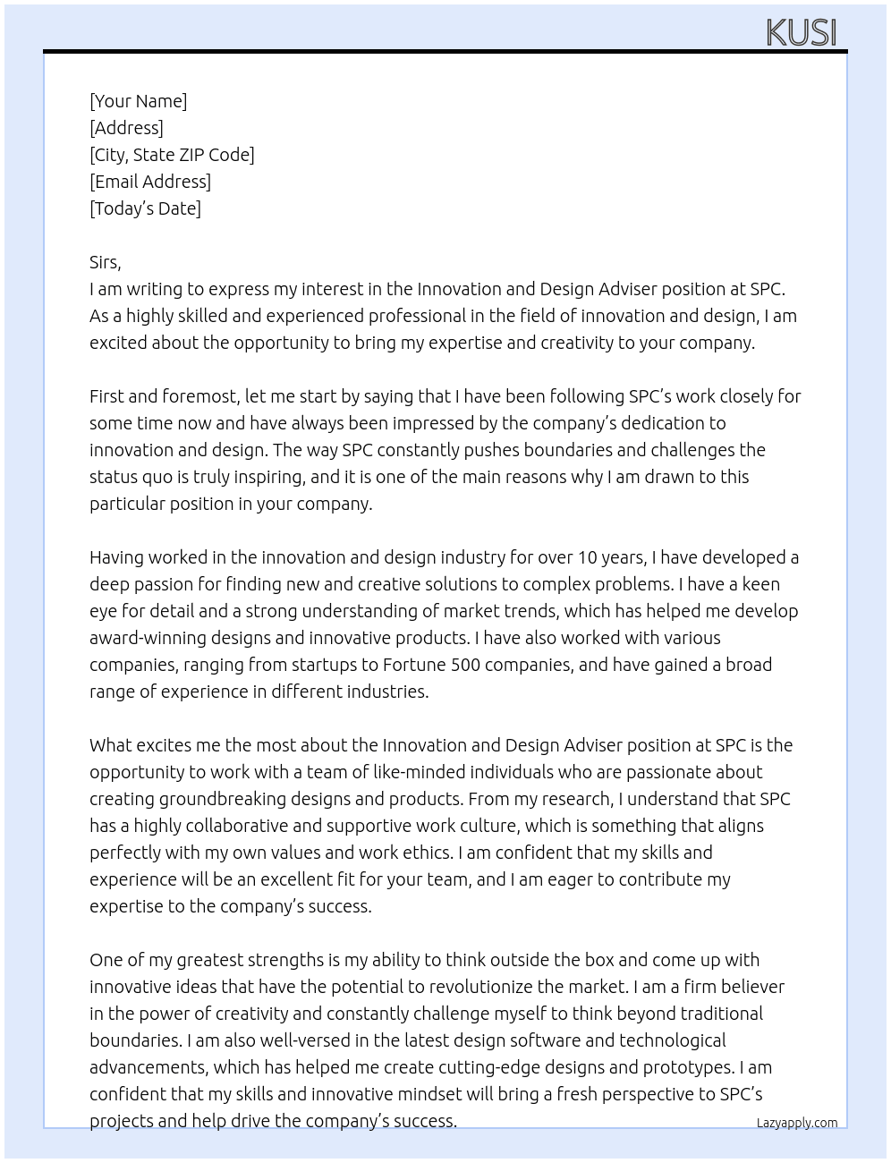innovation and design adviser At SPC Cover Letter
