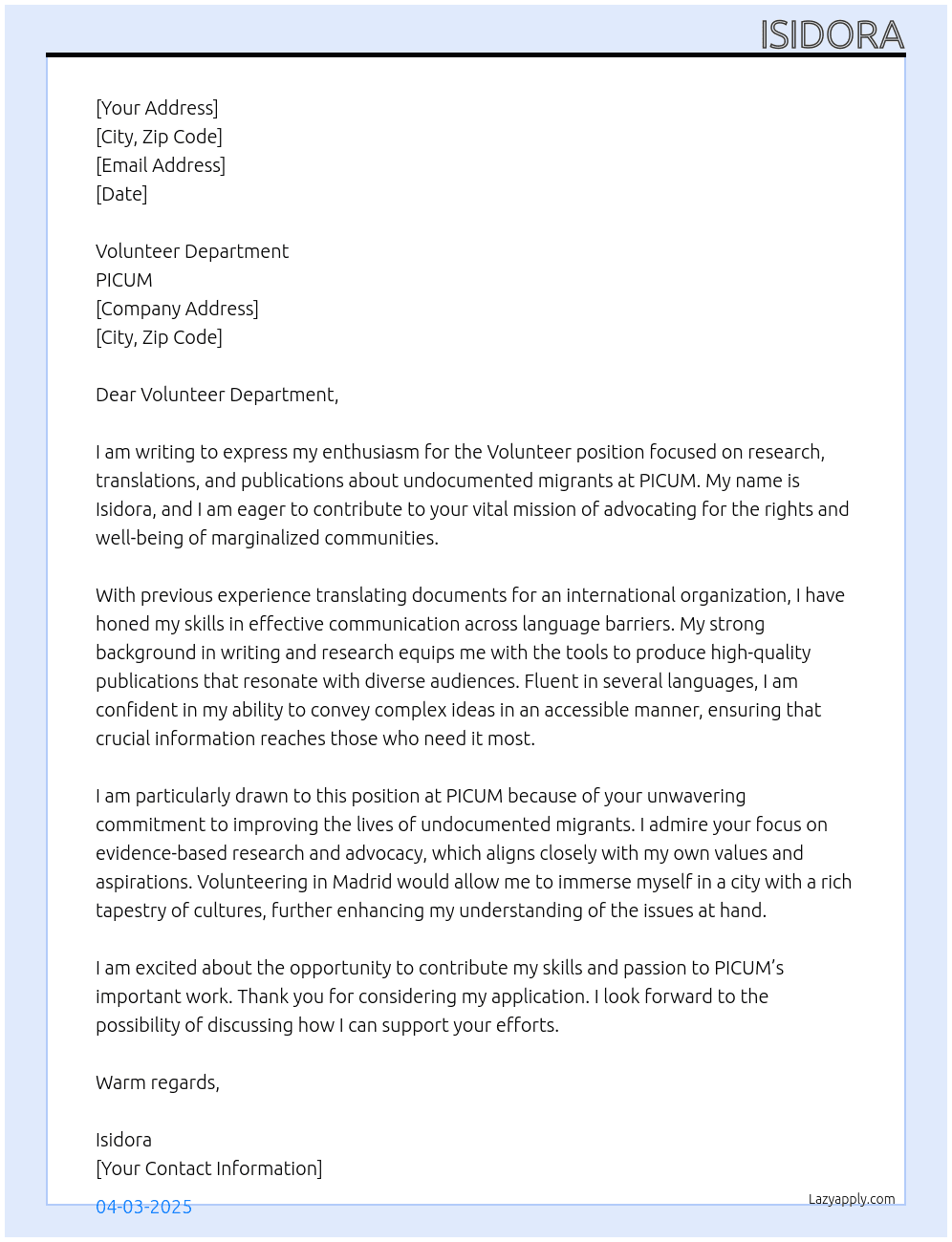 Volunteer for research/ translations/ publications about undocumented migrants  At PICUM Cover Letter