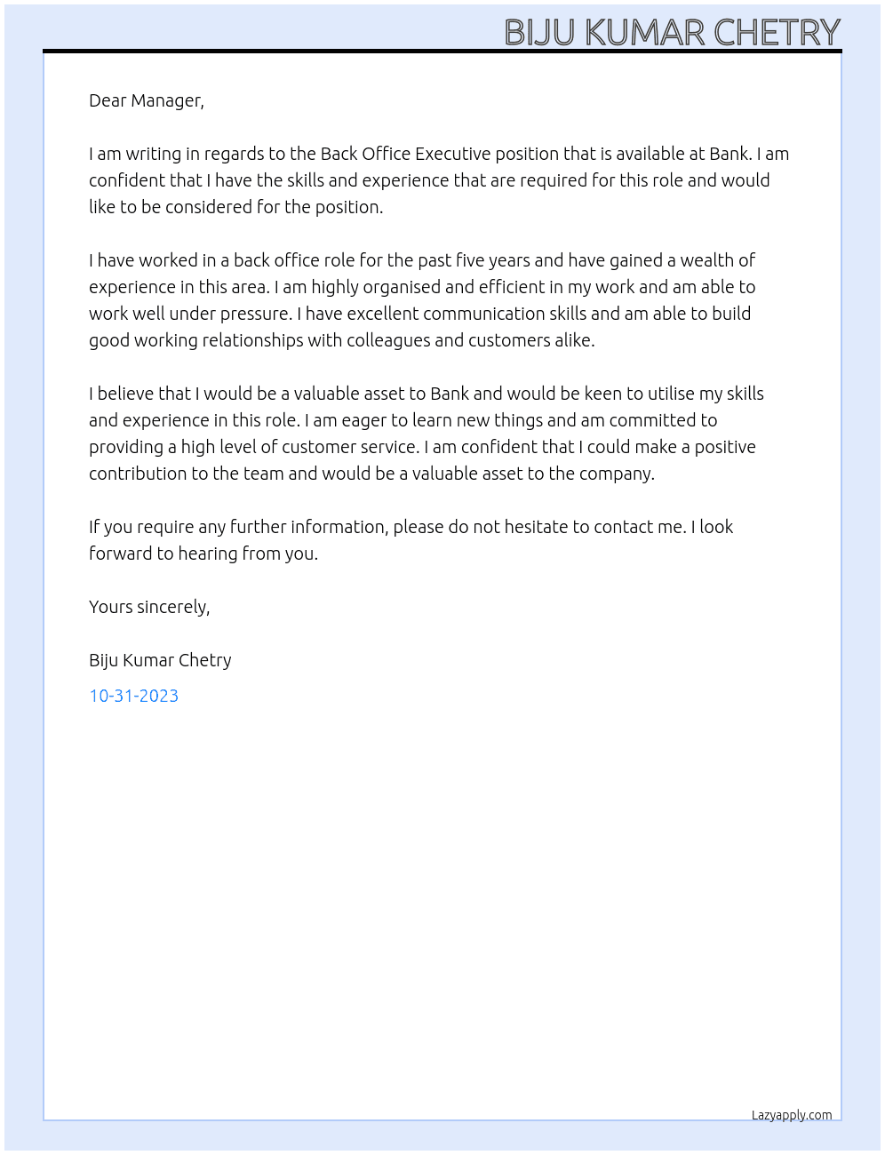 Back office executive  At Bank Cover Letter