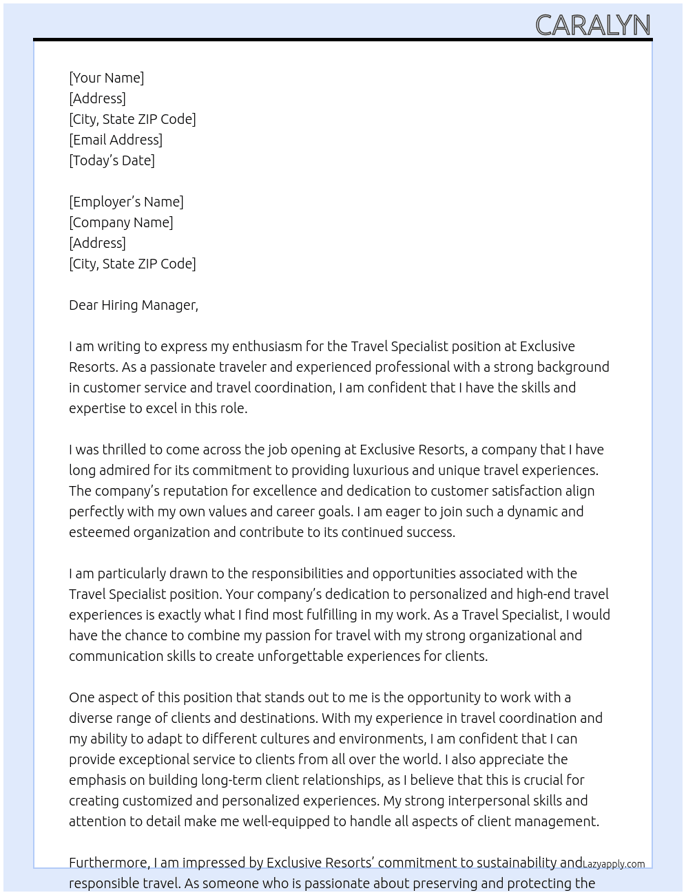 Travel Specialist At Exclusive Resorts Cover Letter