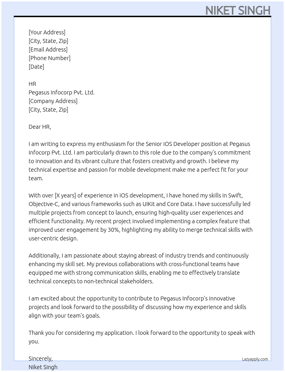 Cover letter for sen. ios developer - LazyApply