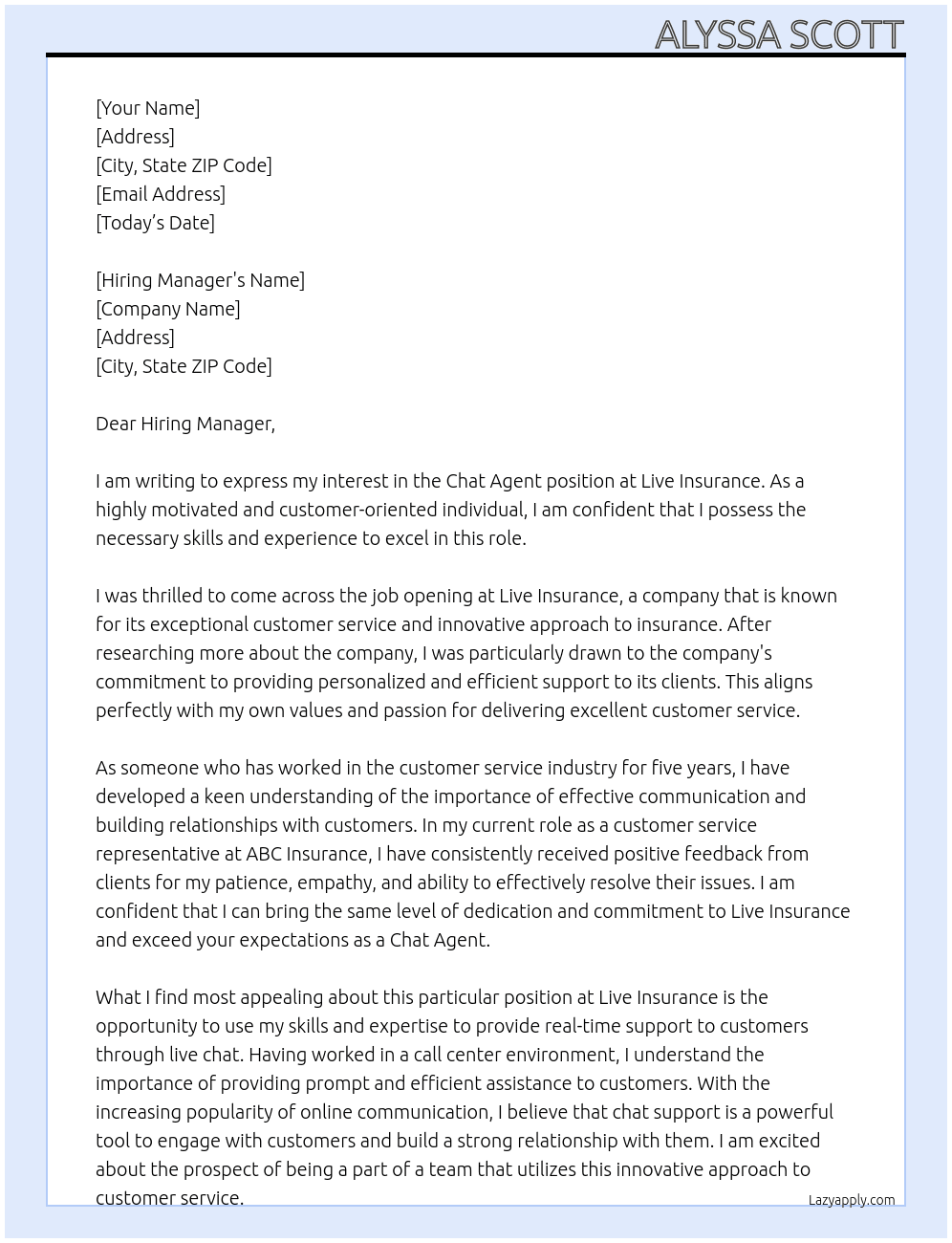 Chat agent  At Live Insurance Chat agent  Cover Letter