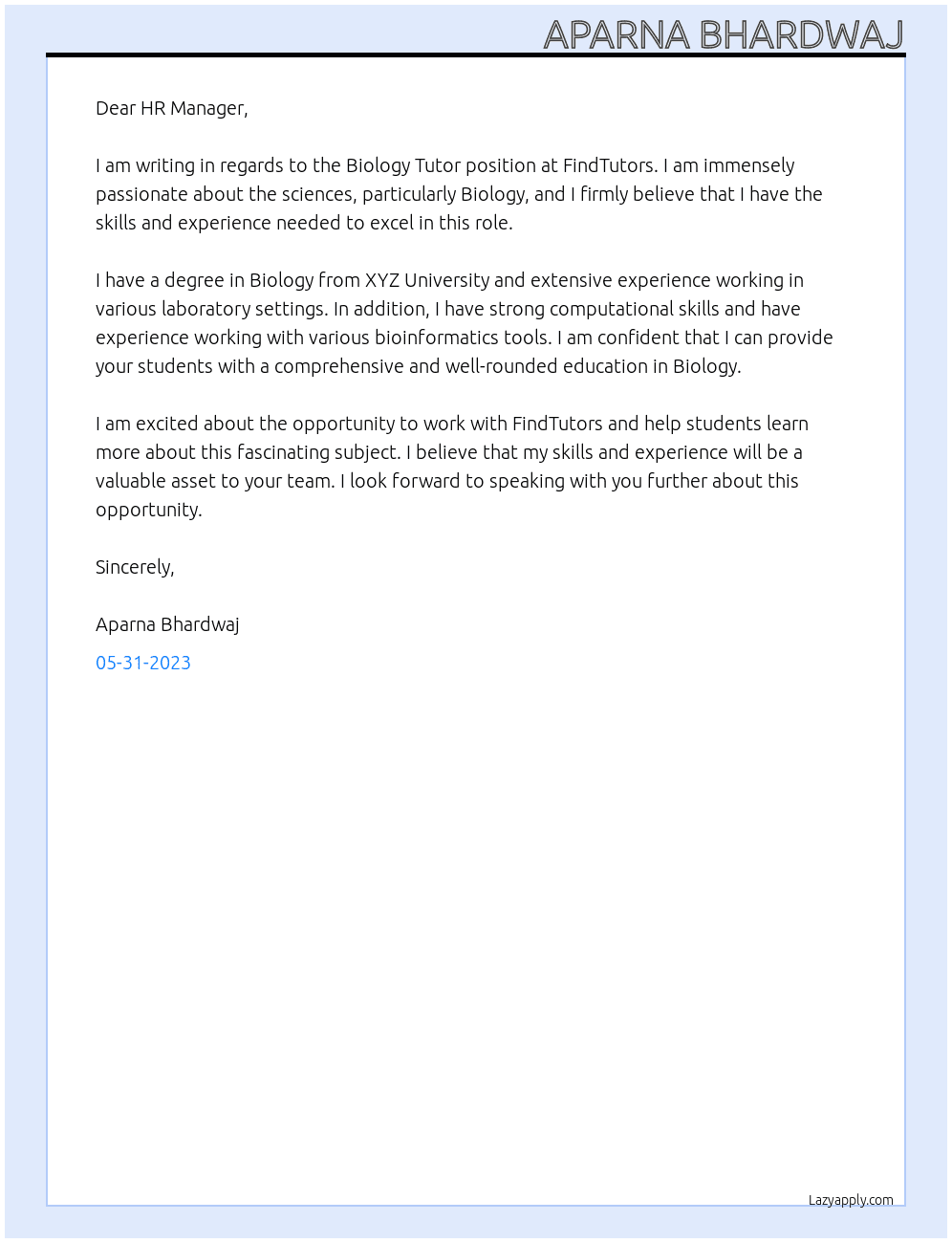 Biology Tutor At FindTutors Cover Letter