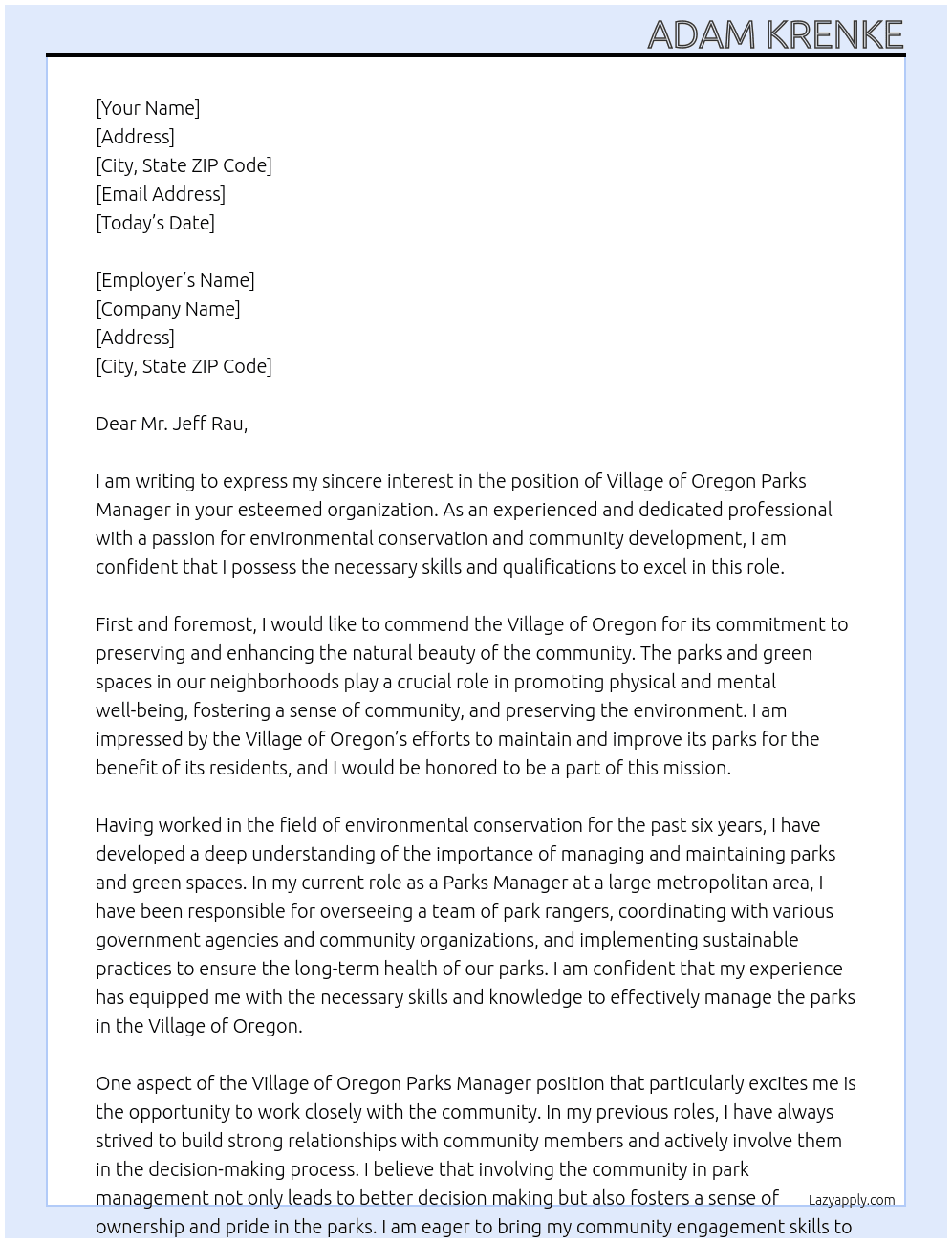 Village of Oregon Parks Manager At Village of Oregon Cover Letter