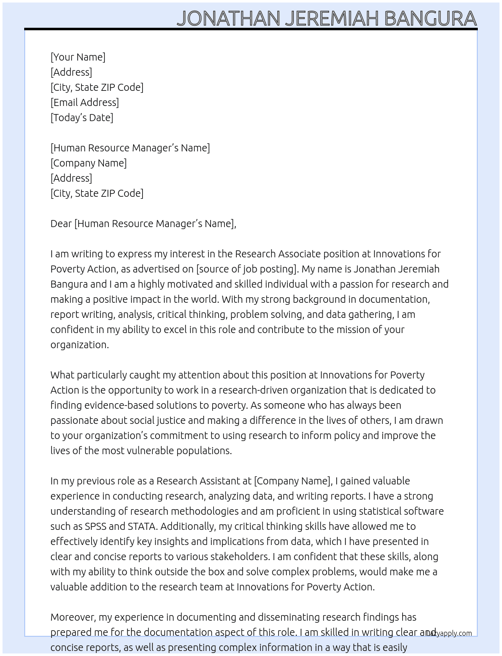 Research Associate At Innovations for poverty action  Cover Letter