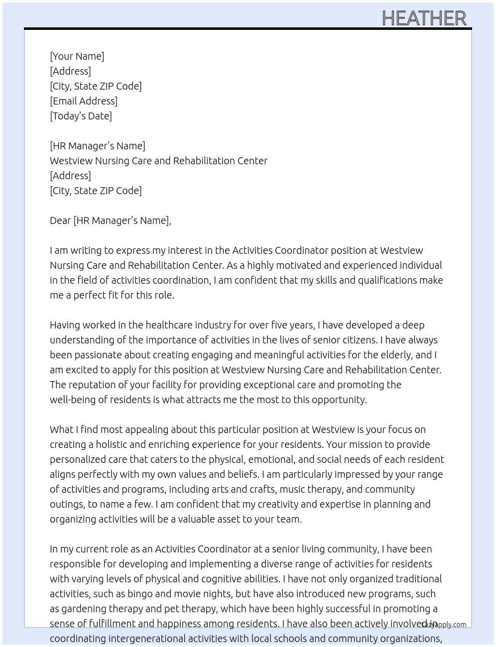 Activities Coordinator At Westview Nursing Care and Rehabilitation Center Cover Letter