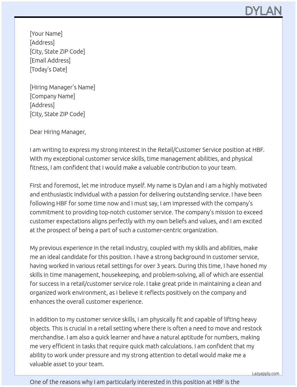 retail/ customer service  At hbf Cover Letter