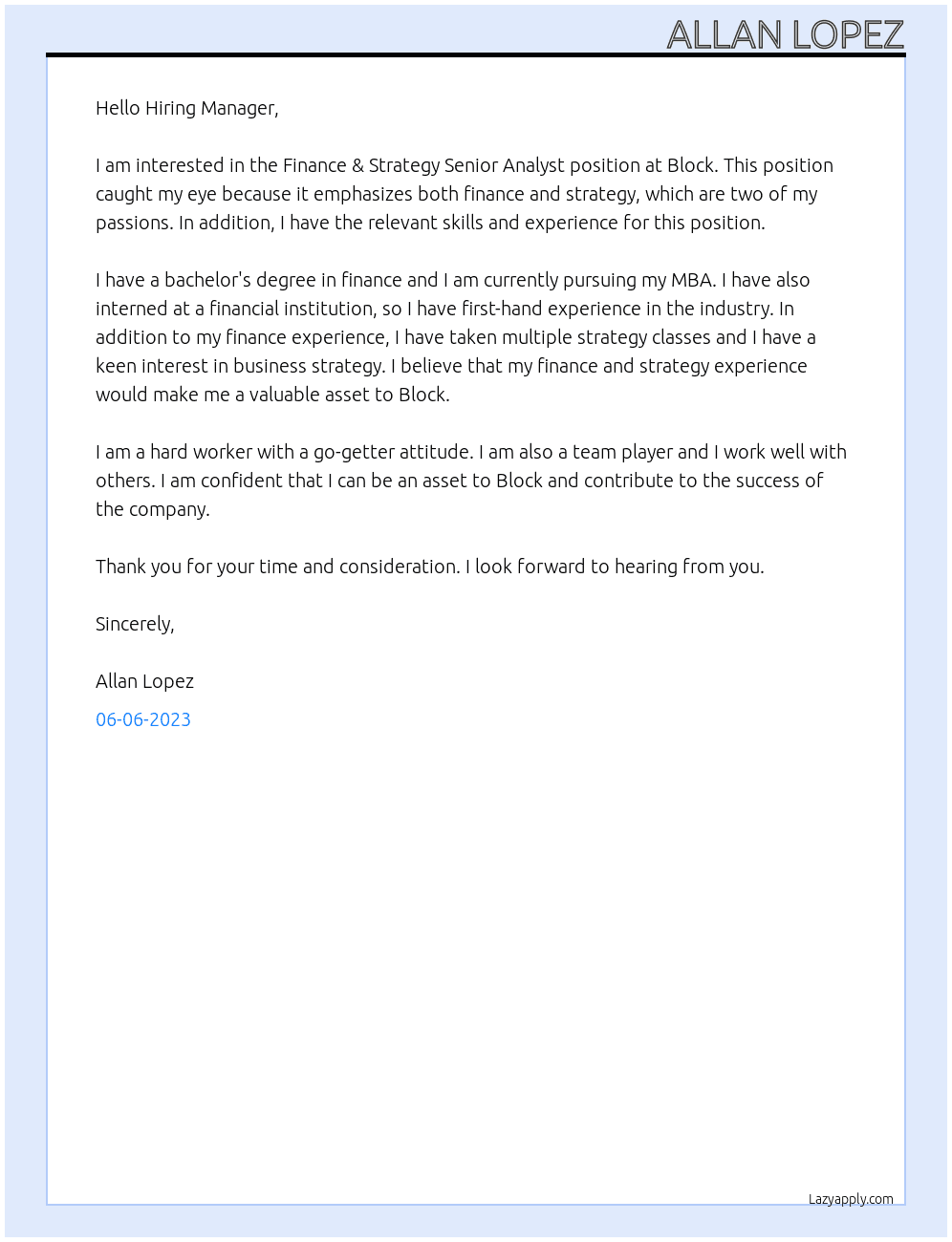 Finance & Strategy Senior Analyst At Block Cover Letter