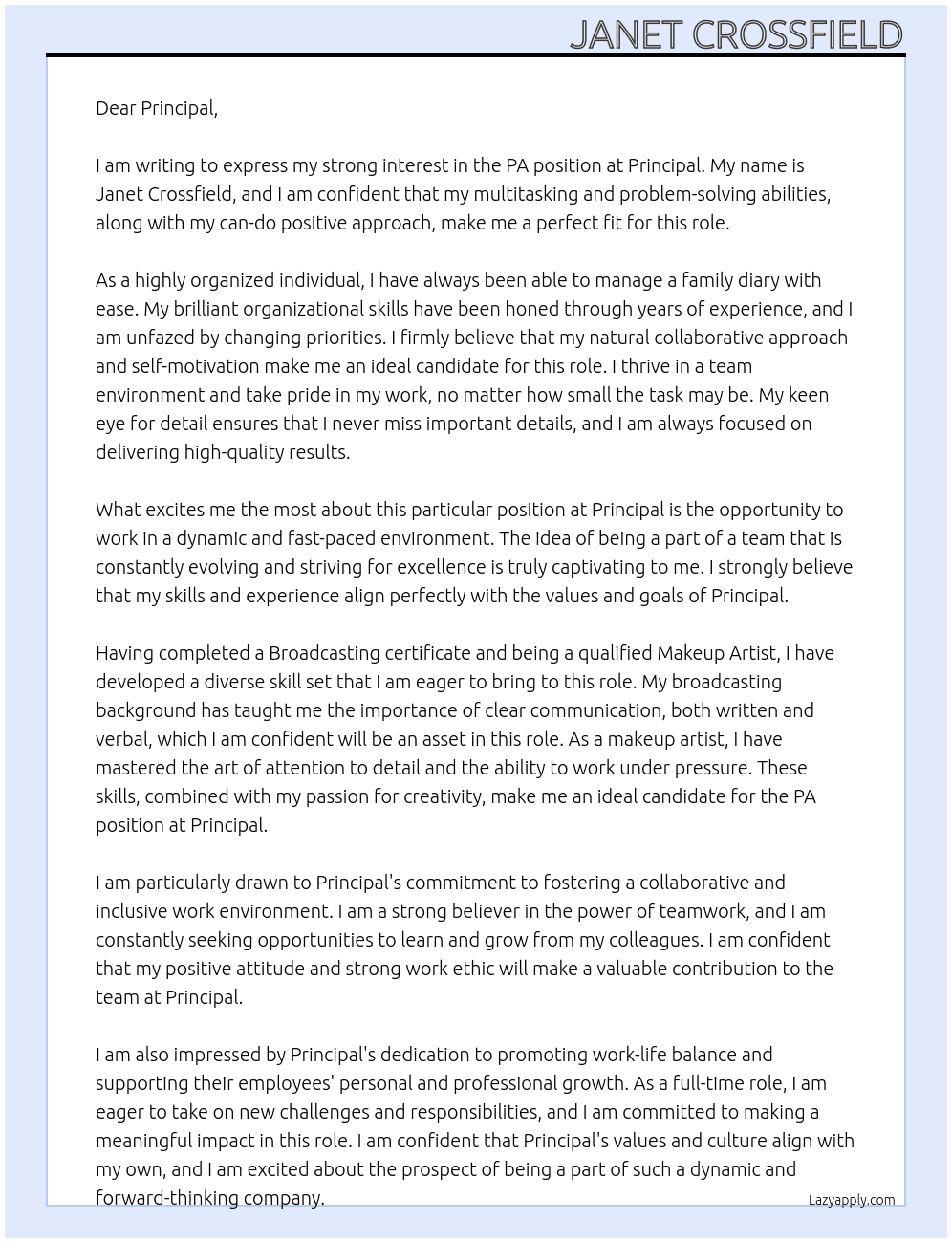 PA At Principal Cover Letter