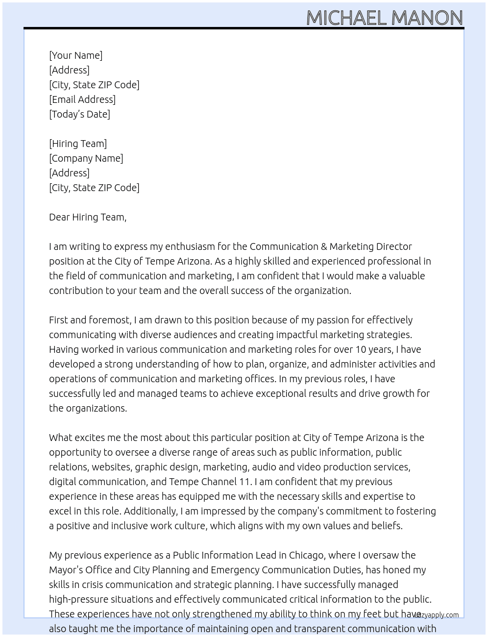 Communication & Marketing Director At City of Tempe Arizona Cover Letter