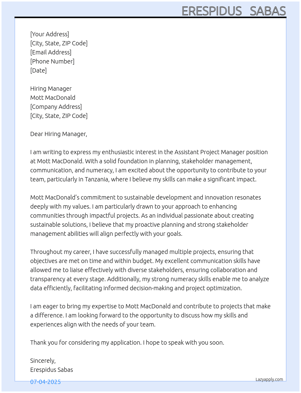 Assistant project manager At MottMacdonald Cover Letter