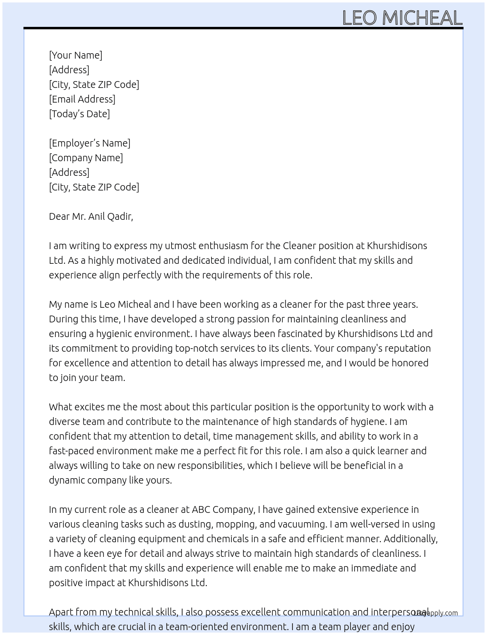 CLEANCER At  KHURSHIDISONS LTD Cover Letter