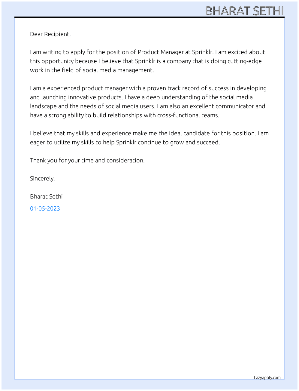 Product Manager At Sprinklr Cover Letter