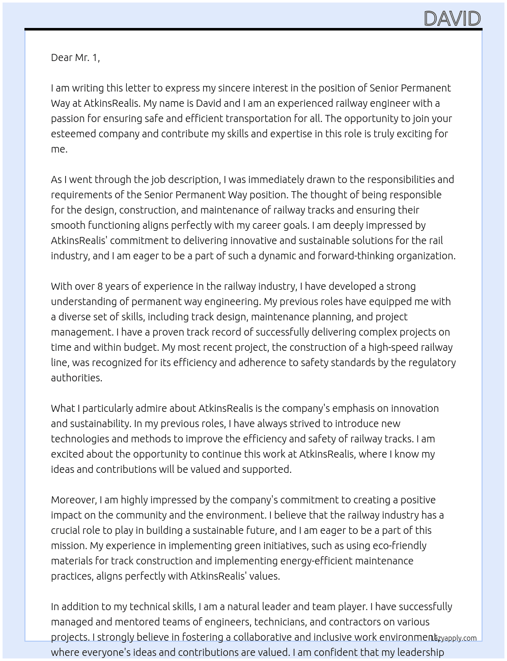 Senior Permanent Way At AtkinsRealis Cover Letter