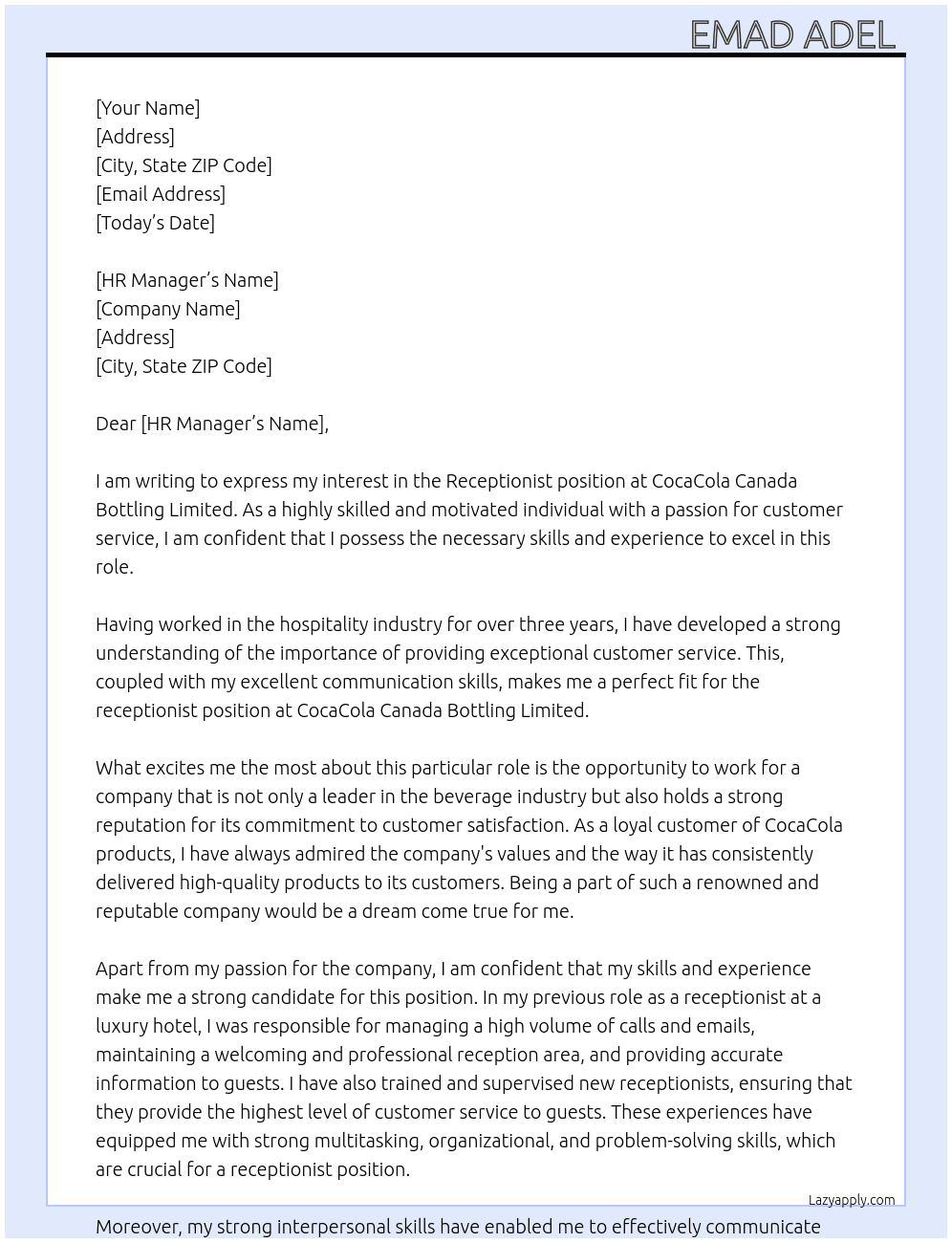 receptionniste At Cocacola canada bottling limited Cover Letter