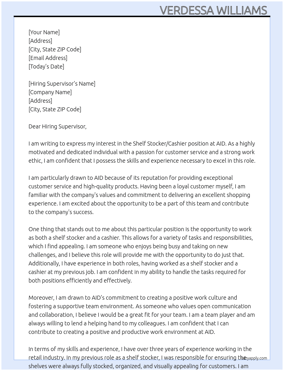 Shelf stocker/ Cashier At AID Cover Letter