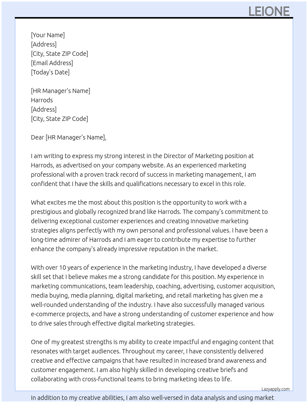 Director of Marketing At harrods Cover Letter