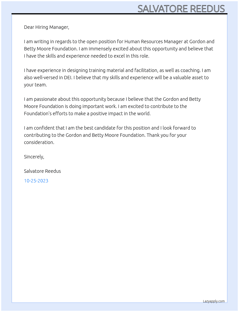 Human Resources Manager At Gordon and Betty Moore Foundation Cover Letter