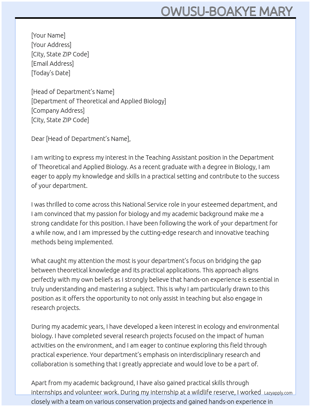 Teaching assistant  At Department of theoretical and applied biology  Cover Letter