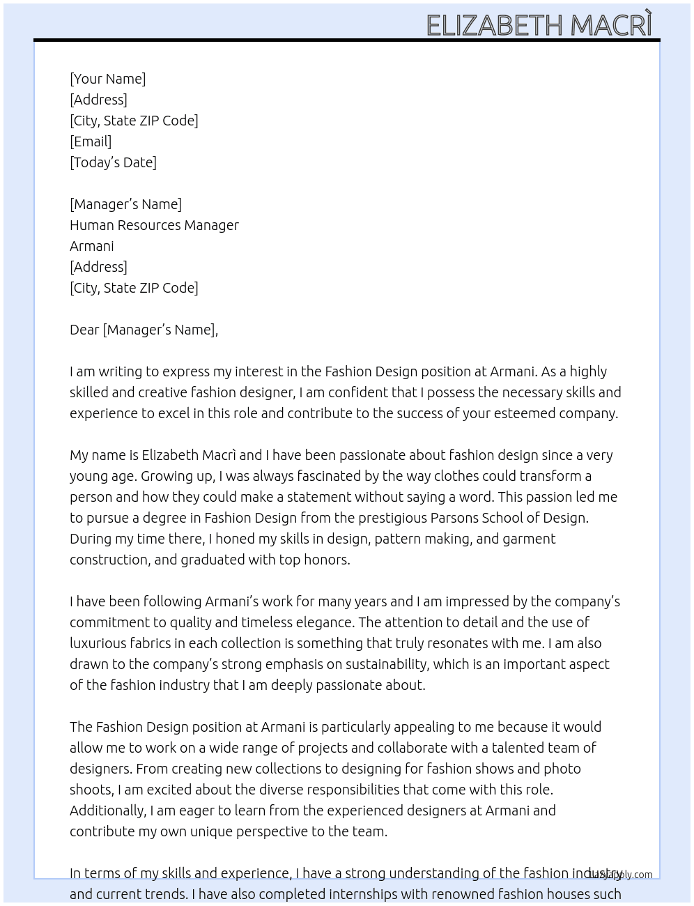 Fashion design  At Armani  Cover Letter