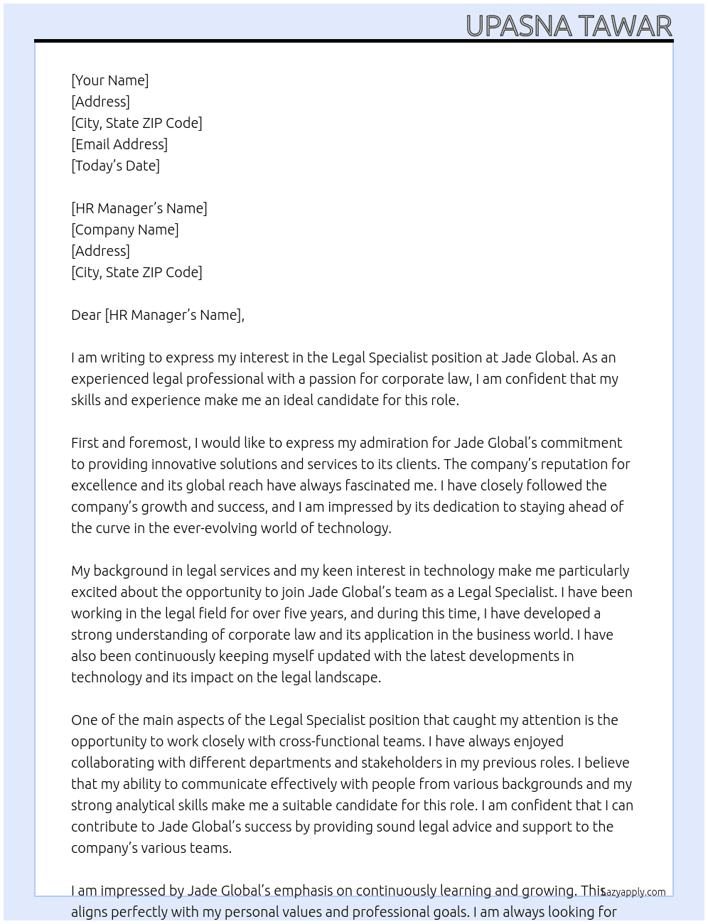 legal specialist  At Jade Global Cover Letter