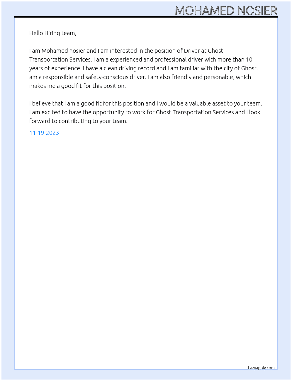 Driver At Ghost Transportation Services Cover Letter