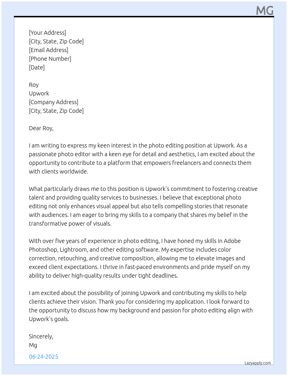Cover letter for photo editing - LazyApply