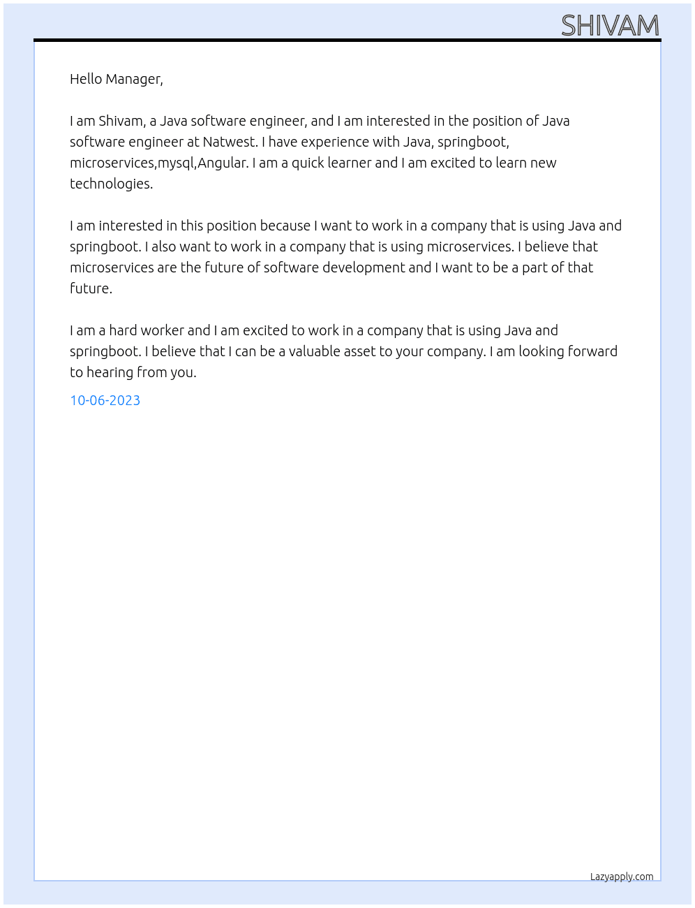 Java Software Engineer  At Natwest Cover Letter