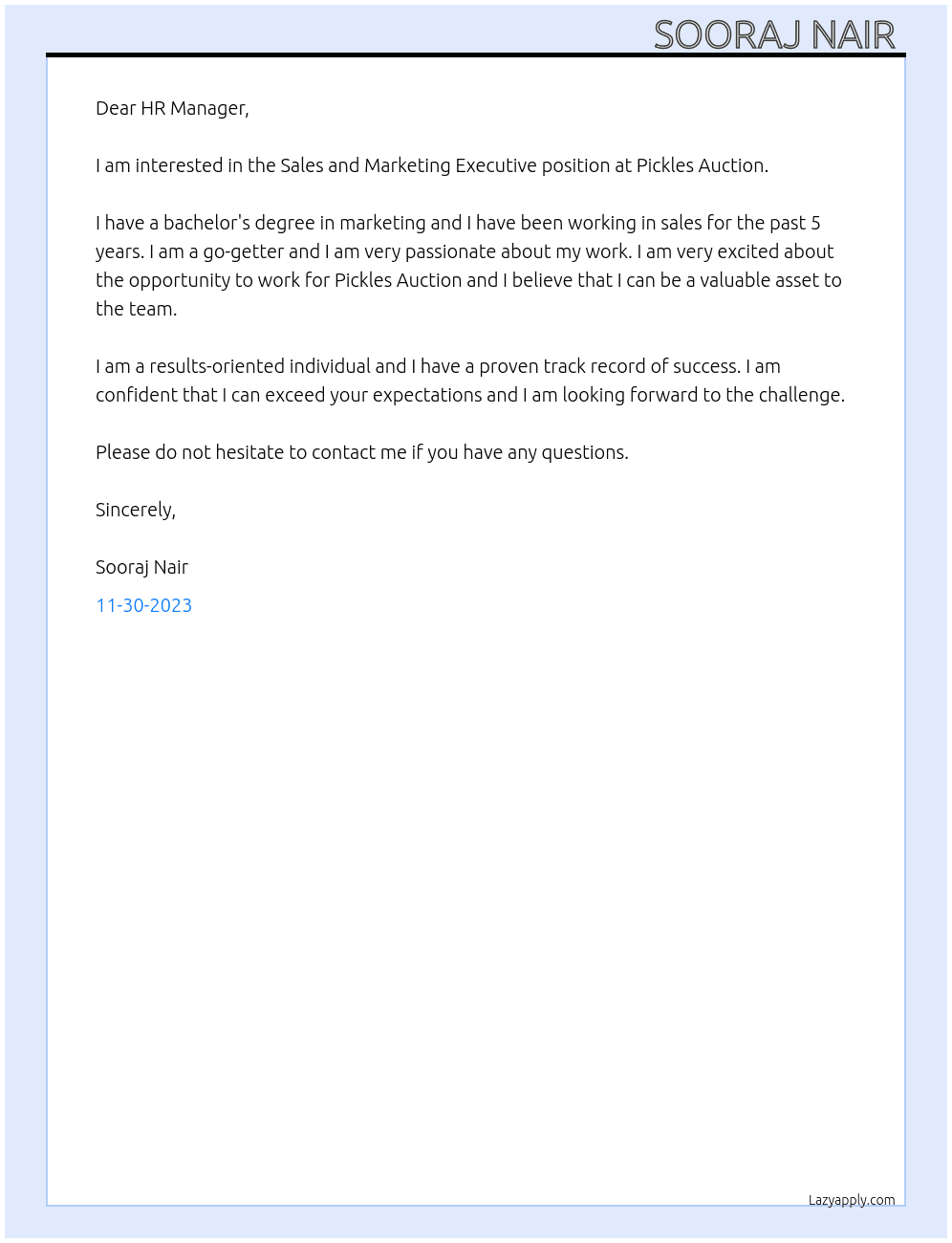 Sales and Marketing Executive  At Pickles Auction  Cover Letter