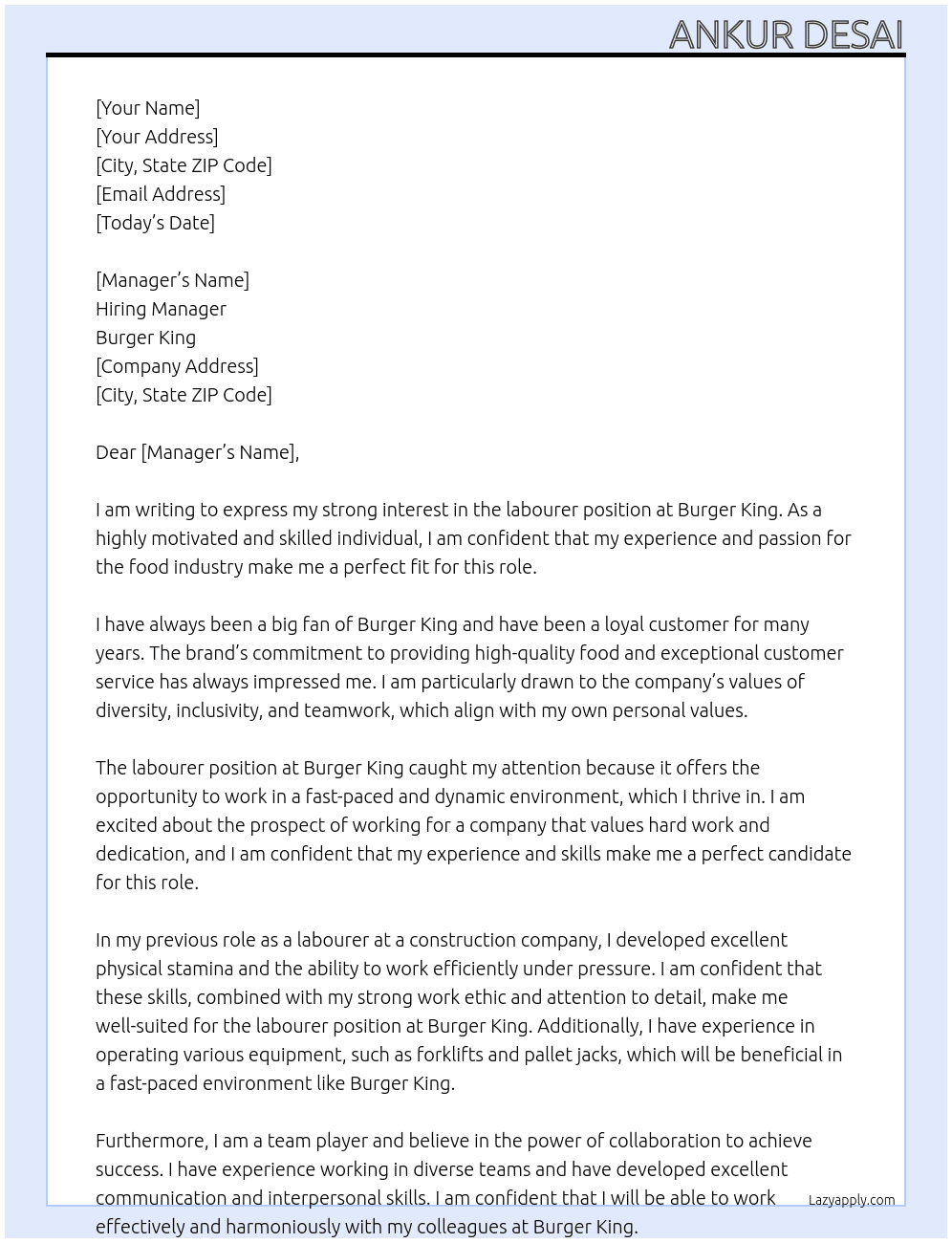 labourer At Burger King Cover Letter