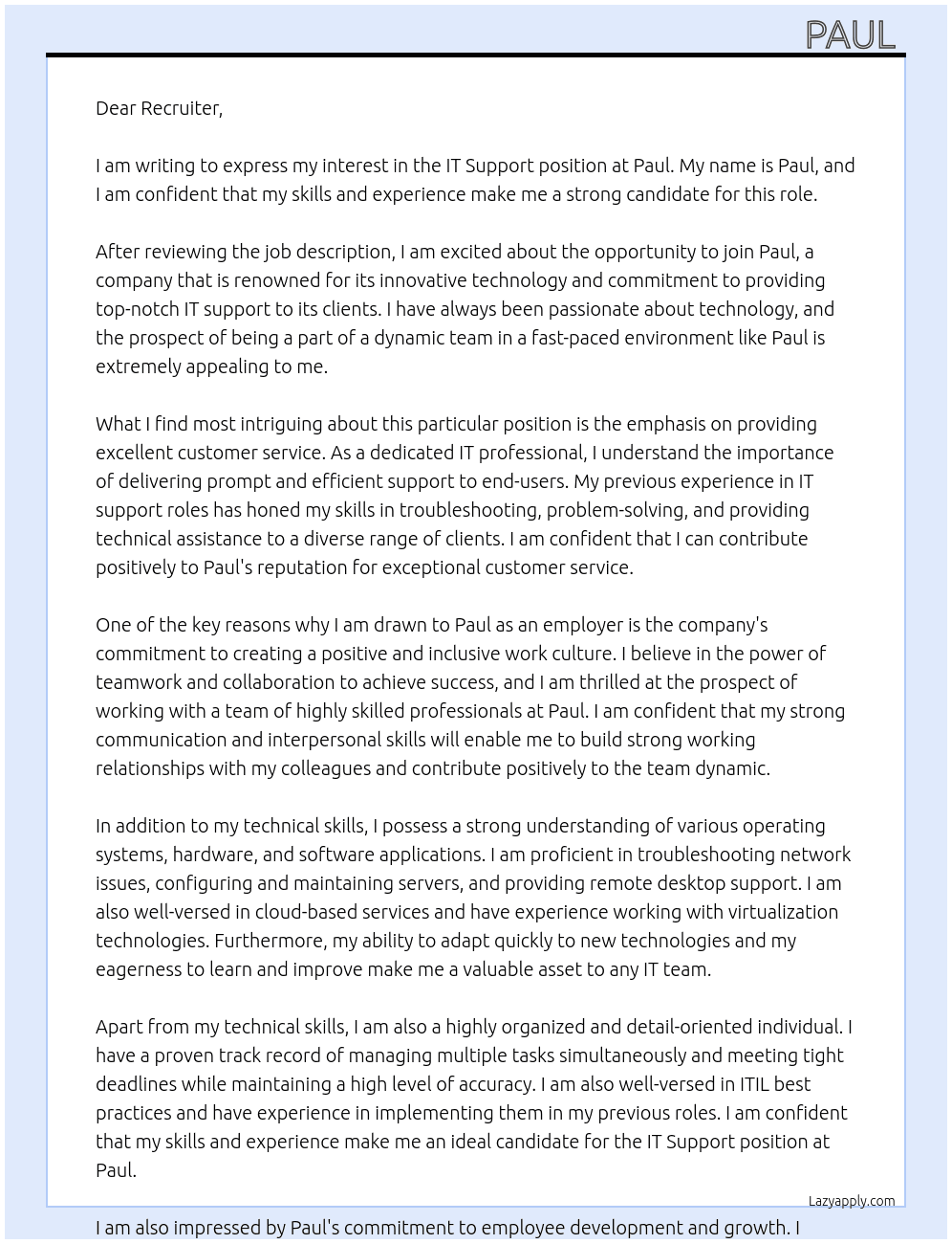 it support At Paul  Cover Letter