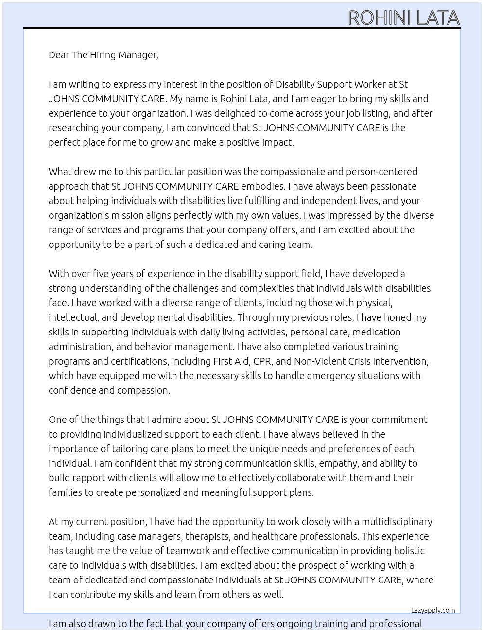 Disability Support Worker At St JOHNS COMMUNITY CARE Cover Letter