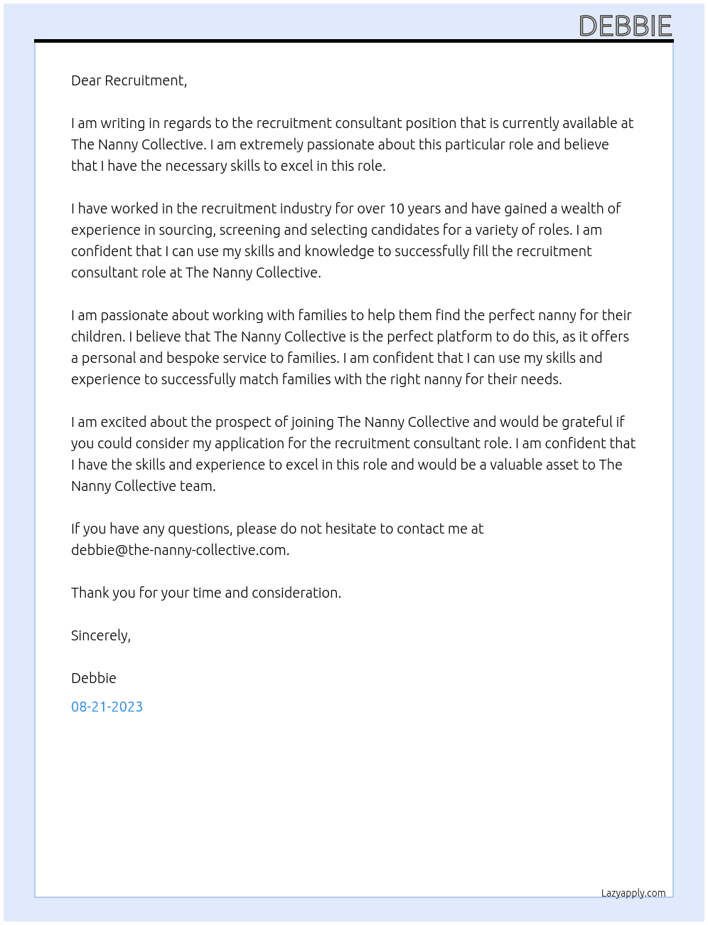 Recruitment Consultant At The Nanny Collective Cover Letter