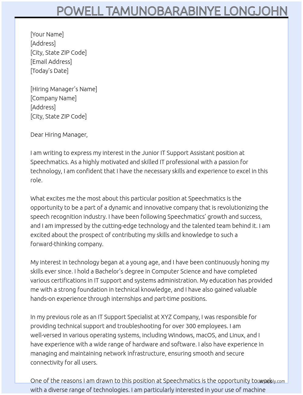 Cover letter for junior it support assitant - LazyApply