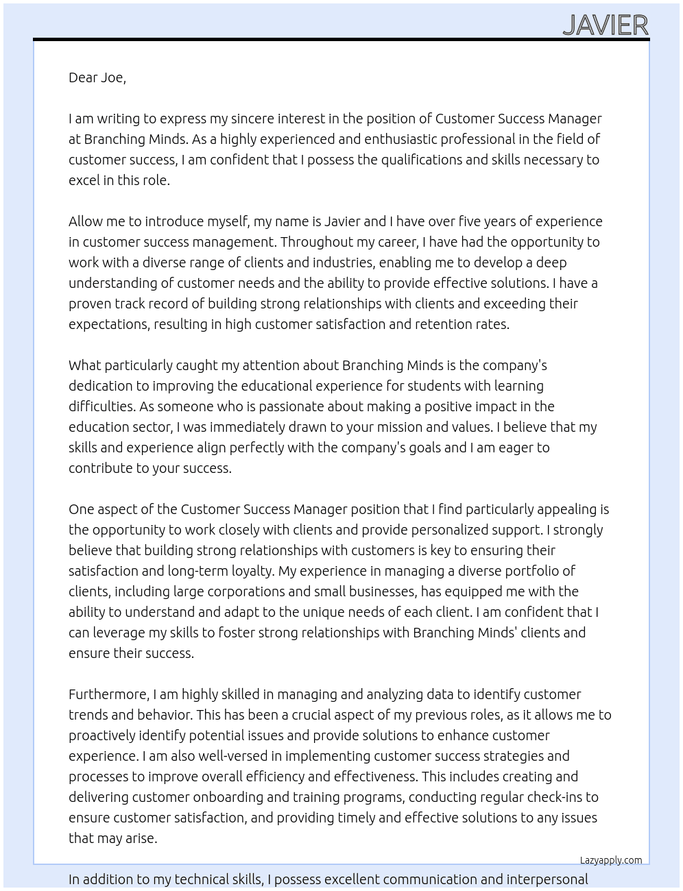 Customer Success Manager At Branching Minds Cover Letter