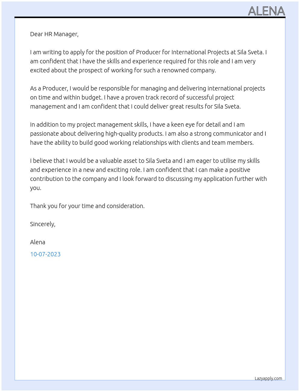 Producer for International Projects At Sila Sveta Cover Letter