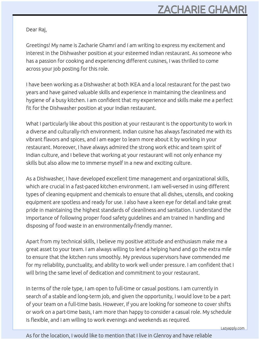 Dishwasher position At Indian restaurant  Cover Letter