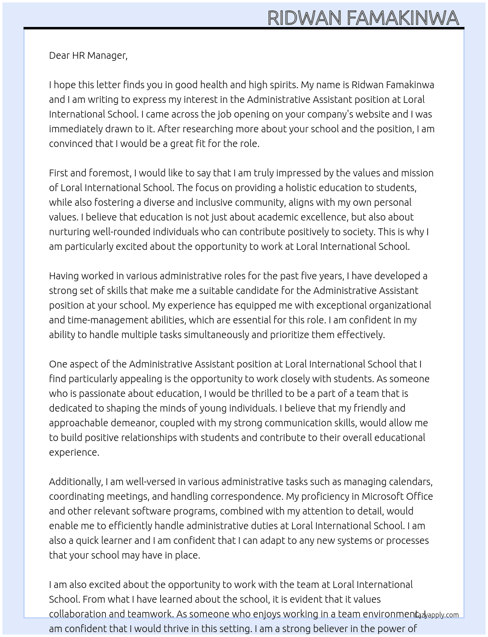 Administrative Assistant  At Loral International school  Cover Letter