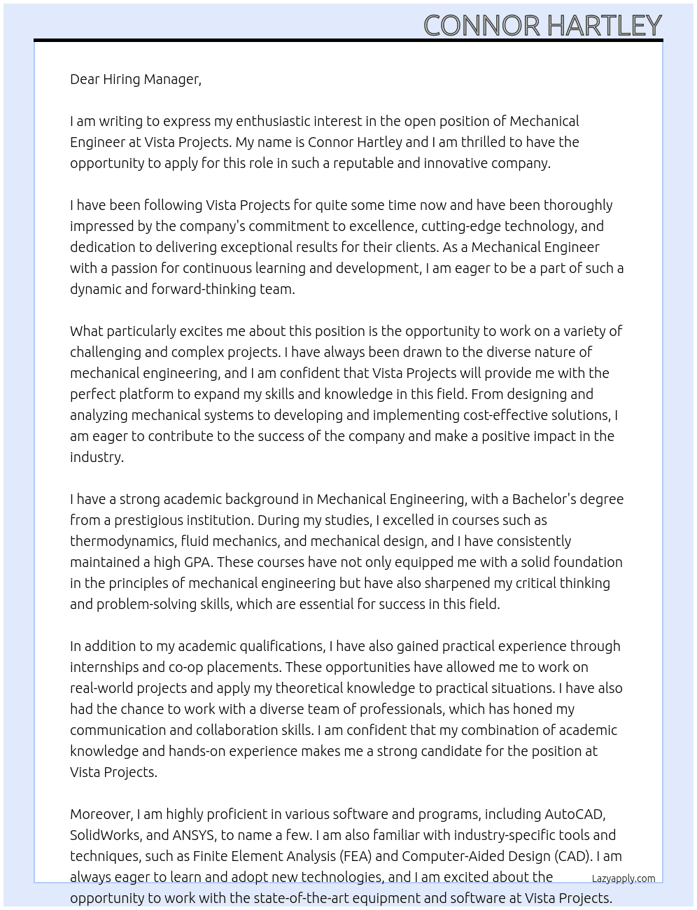 Mechanical Engineer At Vista Projects Cover Letter