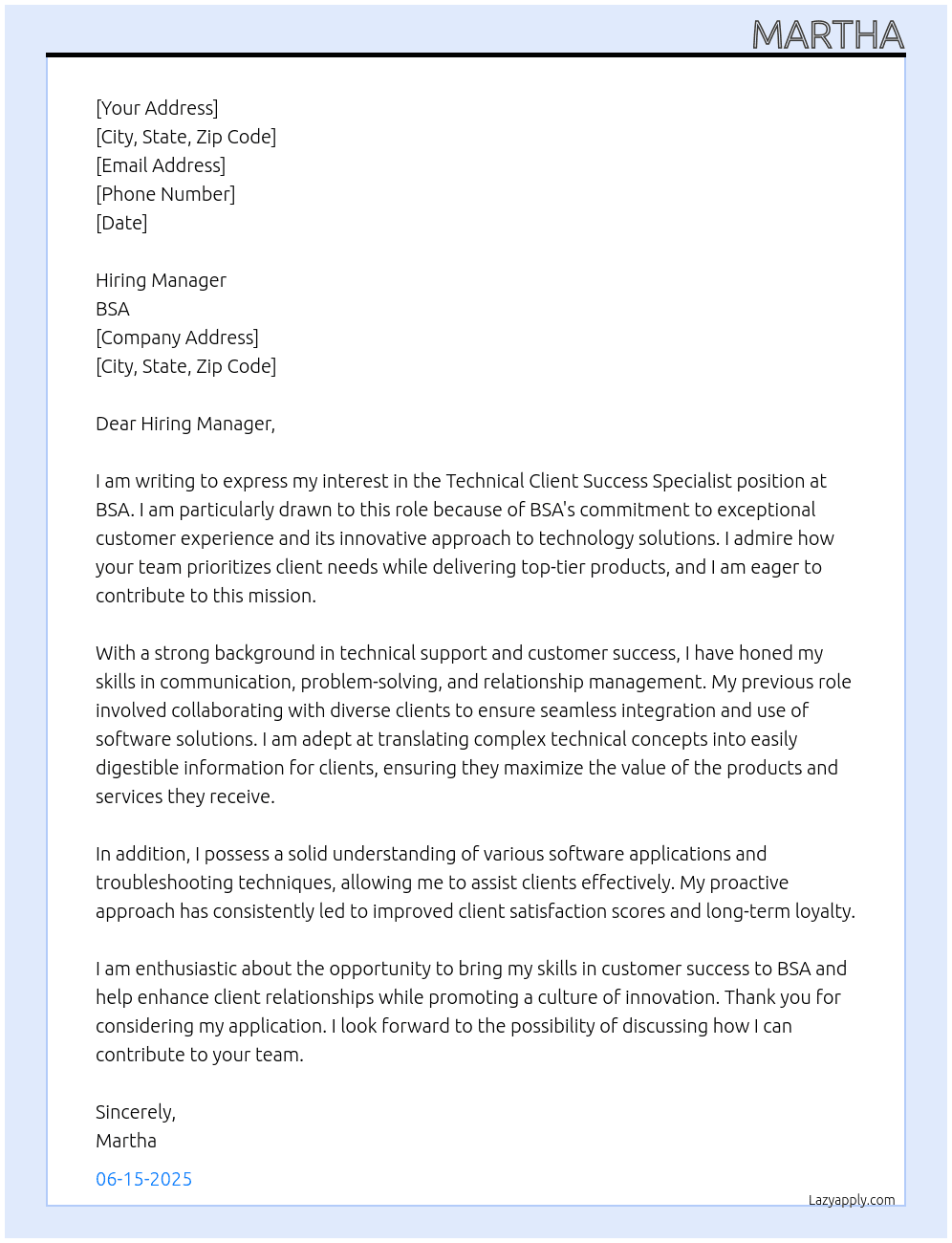 Technical Client Success Specialist At BSA Cover Letter