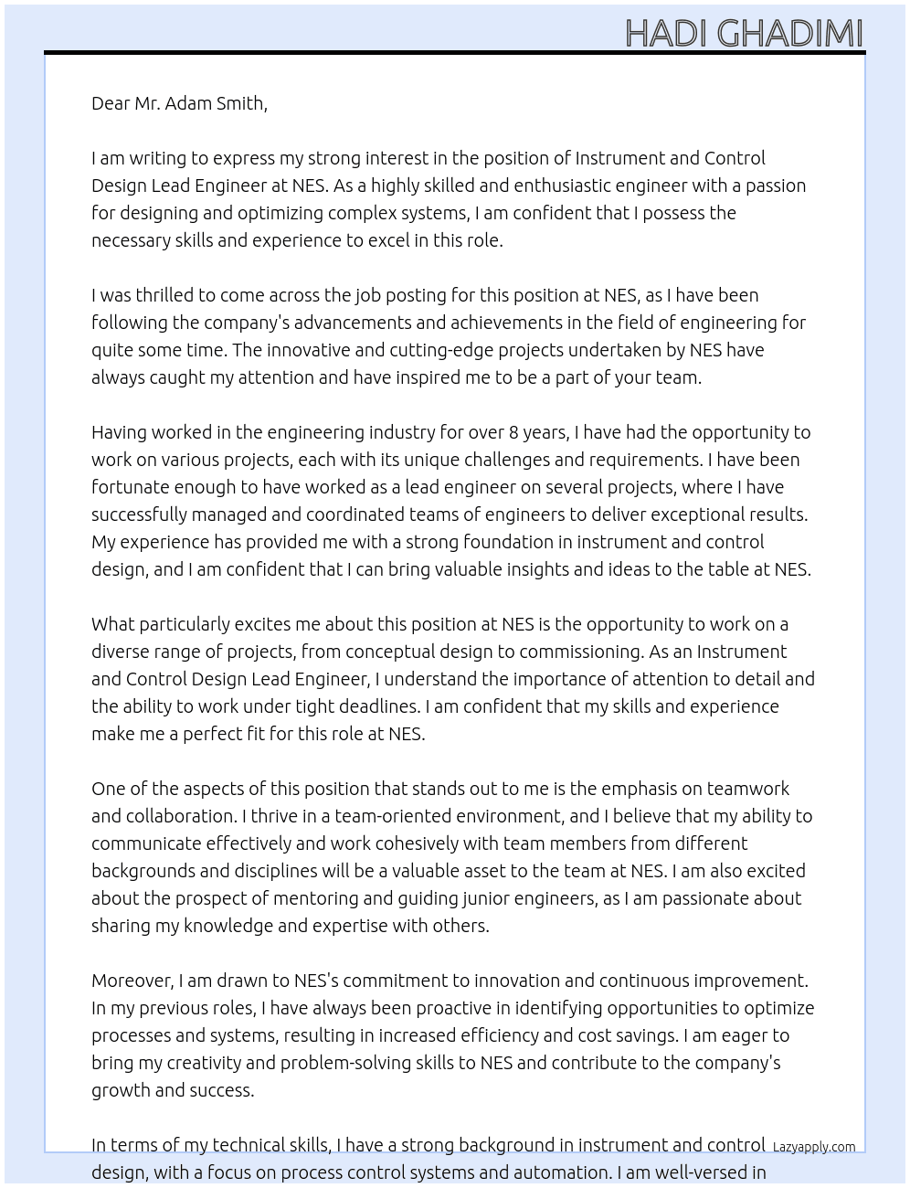 Instrument and Control Design Lead Engineer At NES Cover Letter