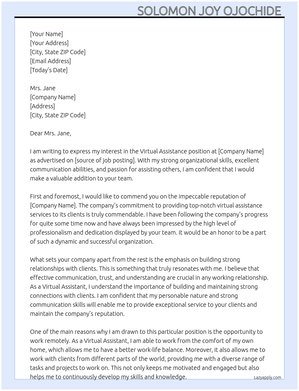 Virtual assistance  At Solomon joy ojochide  Cover Letter