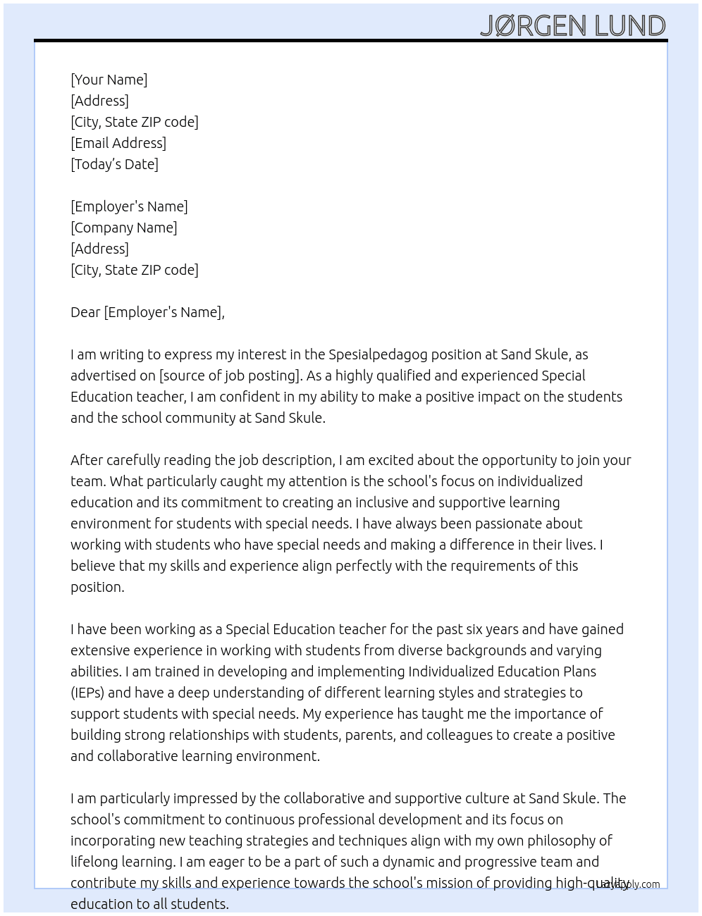 Spesialpedagog At Sand Skule Cover Letter