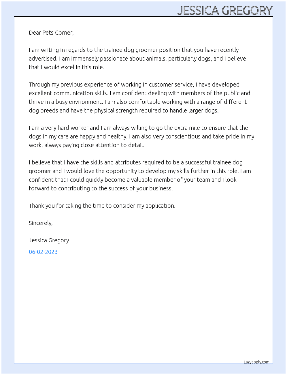 Trainee dog groomer At Pets corner Cover Letter