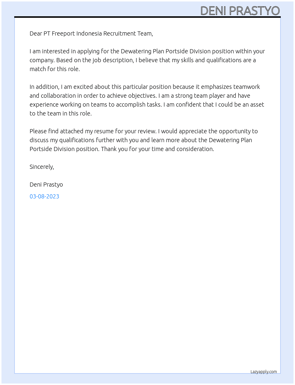 Dewatering Plan Portside Division At PT Freeport Indonesia Cover Letter