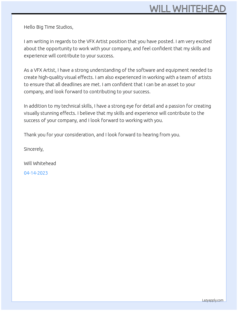 VFX Artist At Big Time Studios Cover Letter